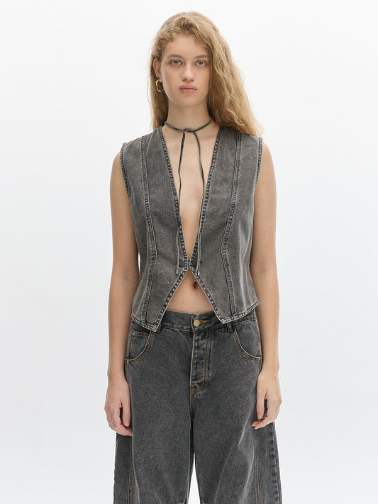 Country denim washed vest _ Stone